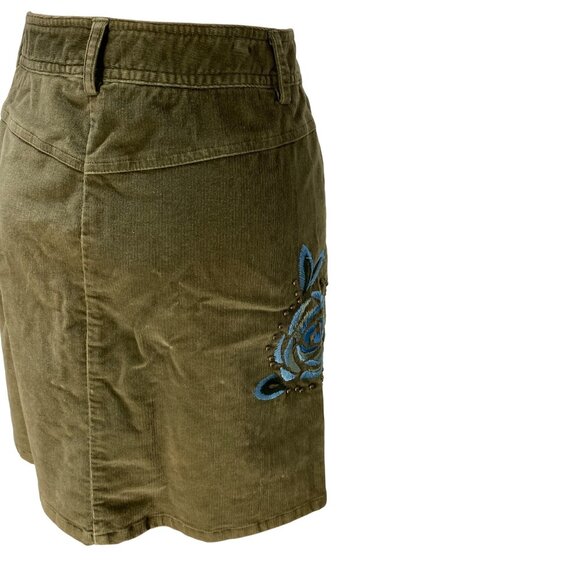 Nine & Co. Olive Corduroy Embroidered Floral A-Line Mini Skirt With Studs Y2K - Picture 5 of 14
